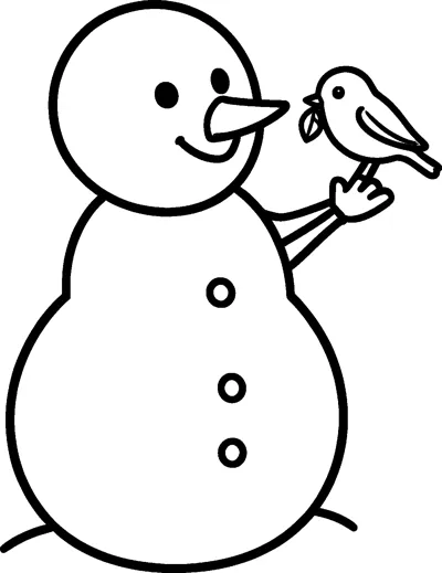 A simple round snowman with a carrot nose holds up a twig arm while a small bird perches on it holding a seed.