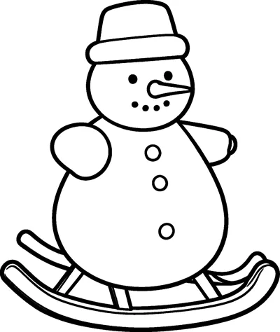 A chunky snowman with a hat, carrot nose and dotted smile sits on a curved wooden sled with runners.