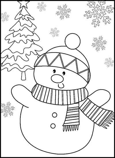 A smiling snowman in a patterned beanie and striped scarf stands in front of a pine tree while snowflakes fall.
