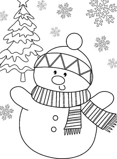 A smiling snowman in a patterned beanie and striped scarf stands in front of a pine tree while snowflakes fall.
