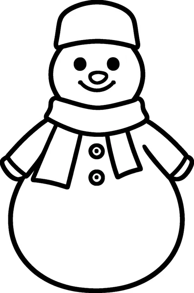 A round smiling snowman wearing a rounded woolly hat and a scarf with two hanging ends, with two buttons on his body.