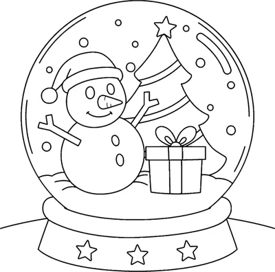 A snow globe holding a snowman, a small tree and a gift, under the words Merry Christmas.