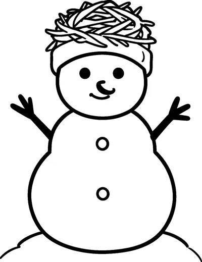 A smiling snowman with twig arms wears a hat that has a twiggy bird nest resting on top of it.