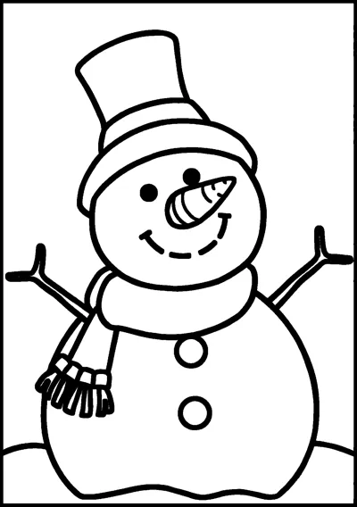 A smiling snowman with a top hat, carrot nose, scarf, stick arms and two buttons on snowy ground.