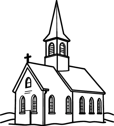 A country church with a tall pointed steeple, arched windows and a cross on the front gable sits in a snowy field.