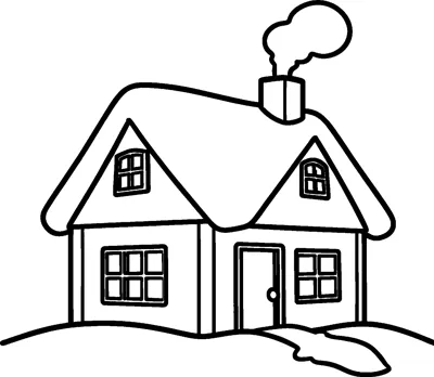 A small cottage with snow-covered roofs, two dormer windows and a door has a puff of smoke rising from its chimney.