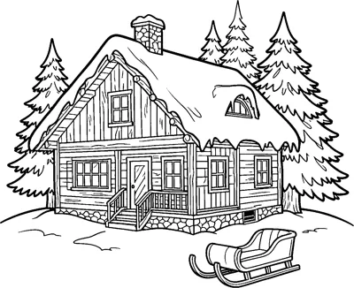 A wooden cabin with a snow-covered roof, porch and chimney among pine trees, with a sled parked outside.
