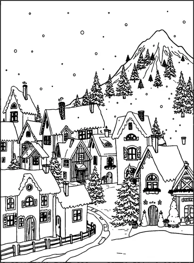 A snowy village of tall houses with chimneys, pine trees, a winding road and a mountain behind.