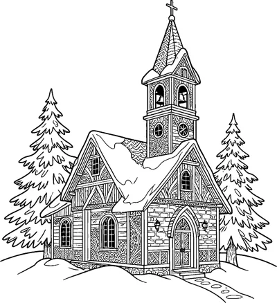 A snowy village chapel with a bell tower, patterned walls, arched windows and tall pine trees on either side.
