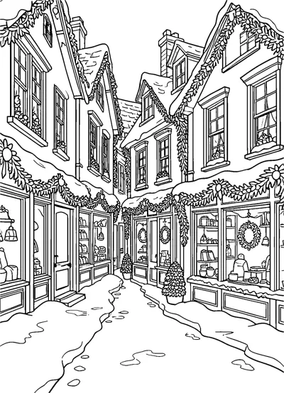 A narrow snowy village street lined with tall houses, garlands and shop windows full of goods.
