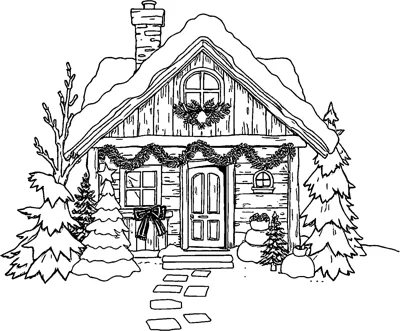 A snow-covered wooden cabin with garlands, a wreath and bow, snowy pine trees and a stone path.