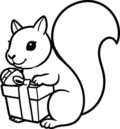A squirrel with a huge curling tail sits behind a small gift box with a bow and an acorn perched on top.