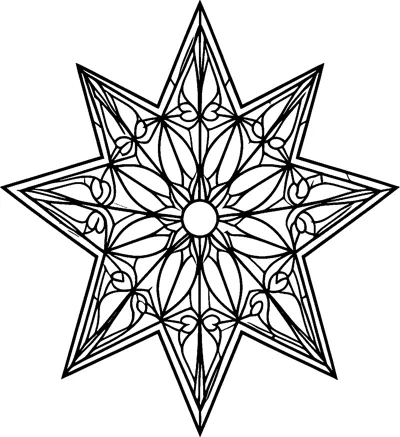 An eight-pointed star divided into stained-glass style segments with curling shapes and a round centre.