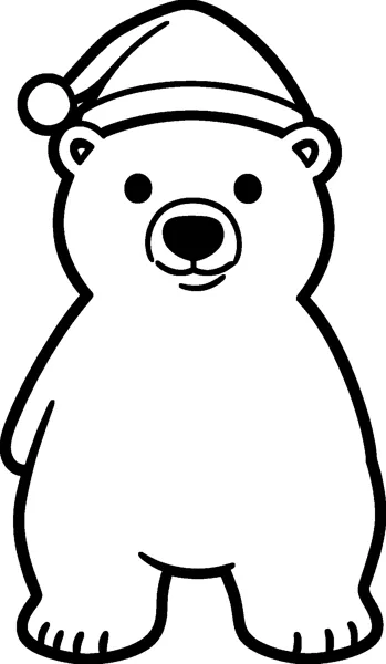 A chubby polar bear standing on two legs, wearing a floppy Santa hat with a pompom and smiling gently.