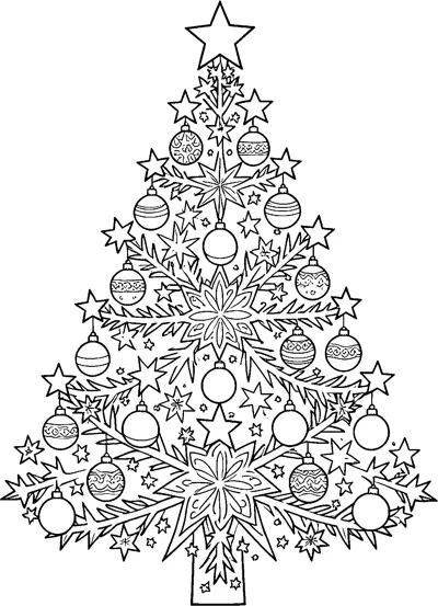 A symmetrical Christmas tree made of starbursts, small stars and round baubles, topped with a star.