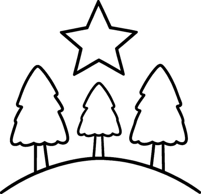 A big five-pointed star shining above three simple fir trees standing on a rounded snowy hill.
