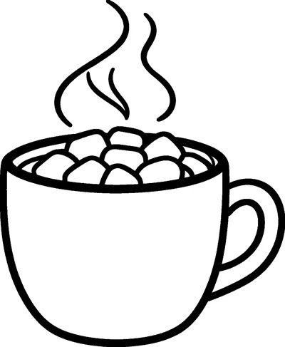 A big mug of hot cocoa piled with marshmallows, with curly steam rising from the top.