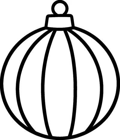 A big round Christmas ornament with a cap and loop on top, divided into curved vertical stripes.