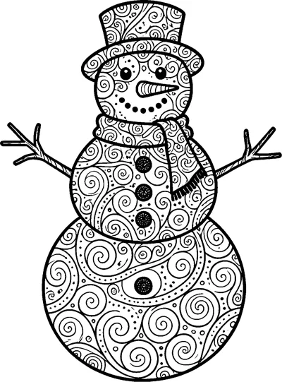 A snowman in a top hat and scarf with stick arms, his whole body filled with swirls and dots.