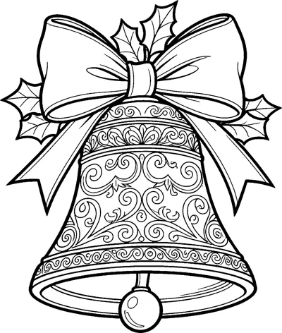 A large bell covered in swirling patterns, topped with a big ribbon bow and holly leaves.