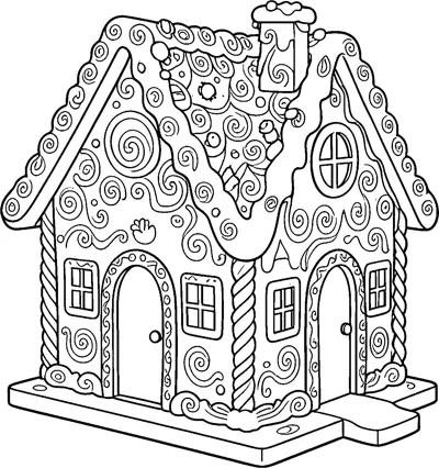 A gingerbread house on a board, covered in swirly icing, with twisted candy corners, arched doors and small windows.