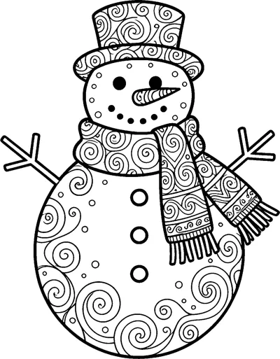 A snowman decorated with swirls and dots wearing a patterned top hat and a long fringed scarf.