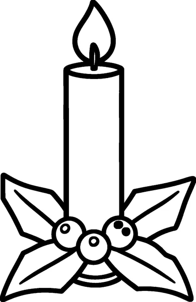 One tall lit candle stands in a base surrounded by smooth holly leaves and three round berries.