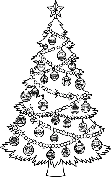 A tall Christmas tree with a star on top, beaded garlands and many patterned baubles.