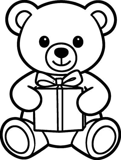 A smiling teddy bear sitting down and holding a wrapped present with a ribbon bow.