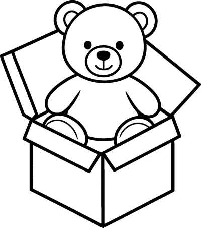 A smiling teddy bear sits inside a cardboard box with all four flaps folded open around it.