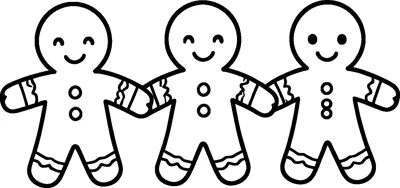 Three smiling gingerbread children stand in a row holding hands, each with button tummies and wavy icing cuffs.