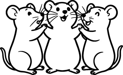 Three round mice standing side by side with open mouths and long tails, singing together like a choir.