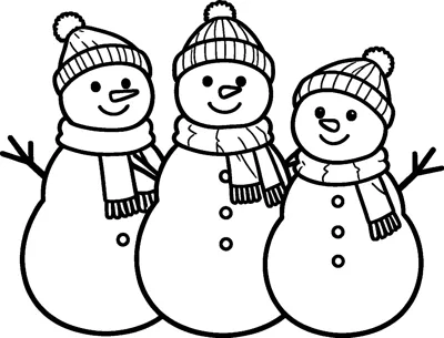 Three smiling snowmen stand side by side, each in a knitted bobble hat and a fringed scarf, with stick arms.