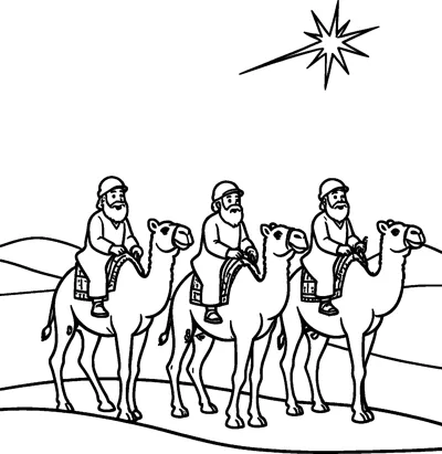 Three bearded men ride saddled camels in a line across desert dunes towards a bright star.