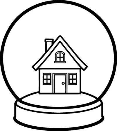 A little cottage with a chimney and attic window sitting inside a round snow globe on a base.
