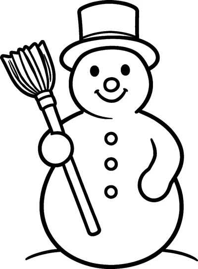 A round snowman in a tall top hat smiles and holds a wooden broom upright in one stick arm.