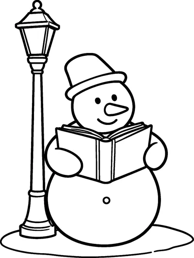 A snowman in a top hat holds an open book in both hands while standing next to a tall old-fashioned lamppost.