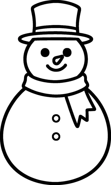 A smiling snowman in a tall top hat with a scarf that flies out to one side, with two buttons on his body.
