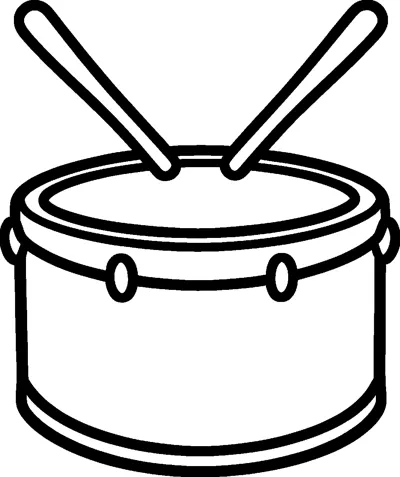A round toy drum with a flat top, a band of round studs and two drumsticks resting on its top.