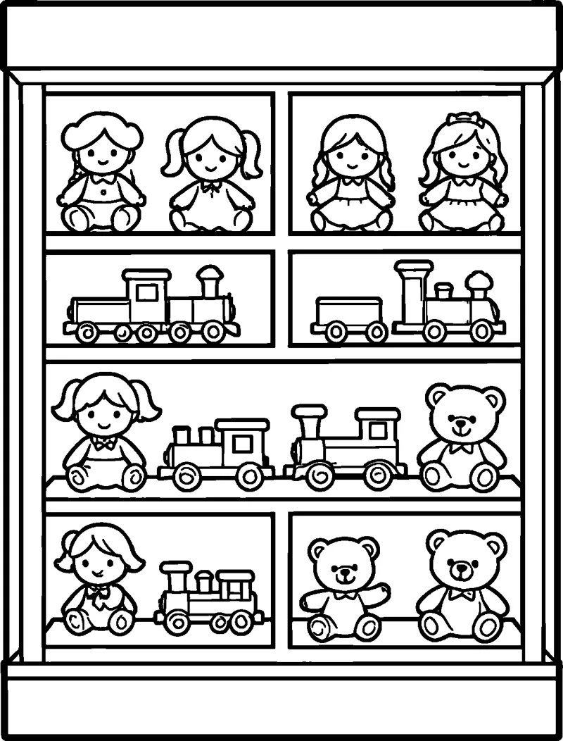 A tall toy shop display case with shelves of smiling dolls, toy steam trains and teddy bears wearing bows.