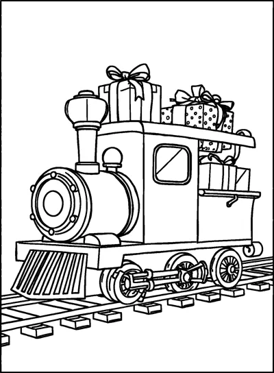 A toy steam engine on a railway track with wrapped presents stacked on its roof and back.