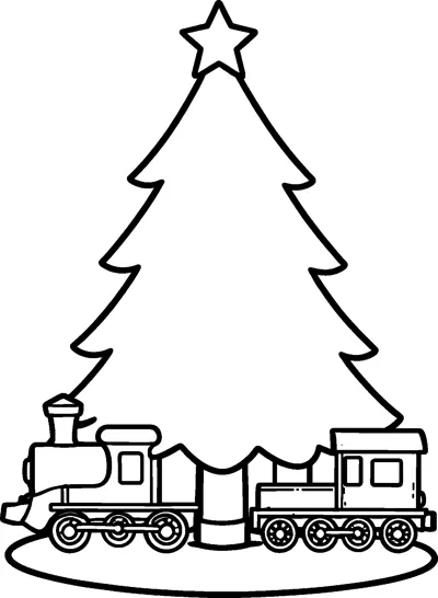A toy steam train with two carriages travels around an oval track at the base of a tall star-topped Christmas tree.
