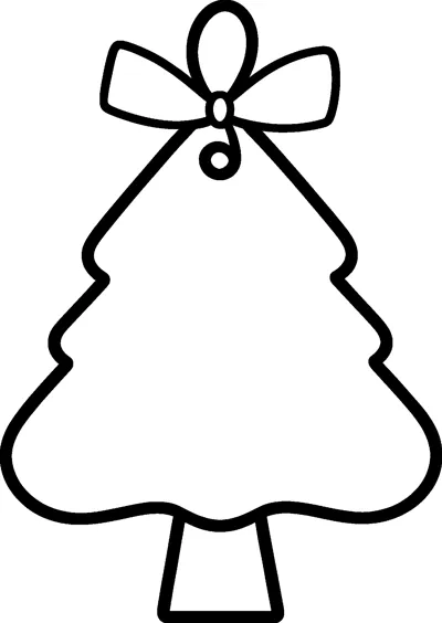A blank gift tag shaped like a Christmas tree with a short trunk, a small hole and a ribbon bow on top.