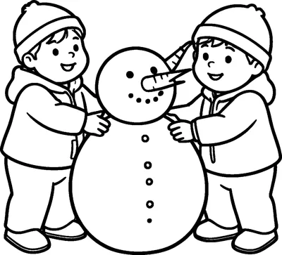Two children in bobble hats and winter coats stand either side of a snowman as one pushes a carrot nose onto its face.