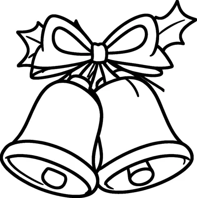 Two bells hang side by side under a ribbon bow with two holly leaves.