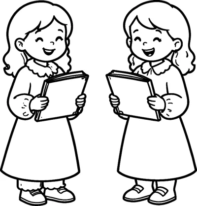 Two happy girls in long dresses with frilly collars stand side by side singing with their eyes closed, each holding a songbook.