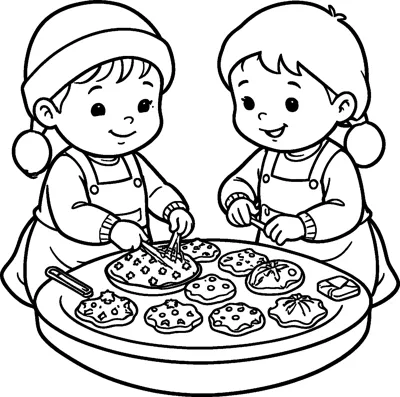 Two smiling children in bobble hats and aprons decorate a big tray of Christmas cookies.