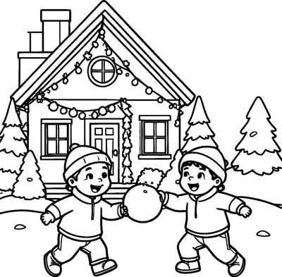 Two smiling children in woolly hats hold a big snowball between them in front of a house decorated with lights.
