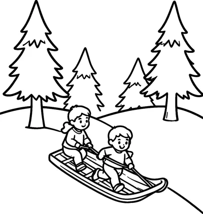 Two children ride a wooden sled down a snowy slope, with four tall pine trees standing on the hill behind them.