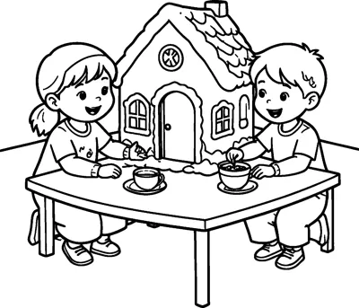 A smiling girl and boy sit at a table beside a gingerbread house with icing on the roof and two cups.